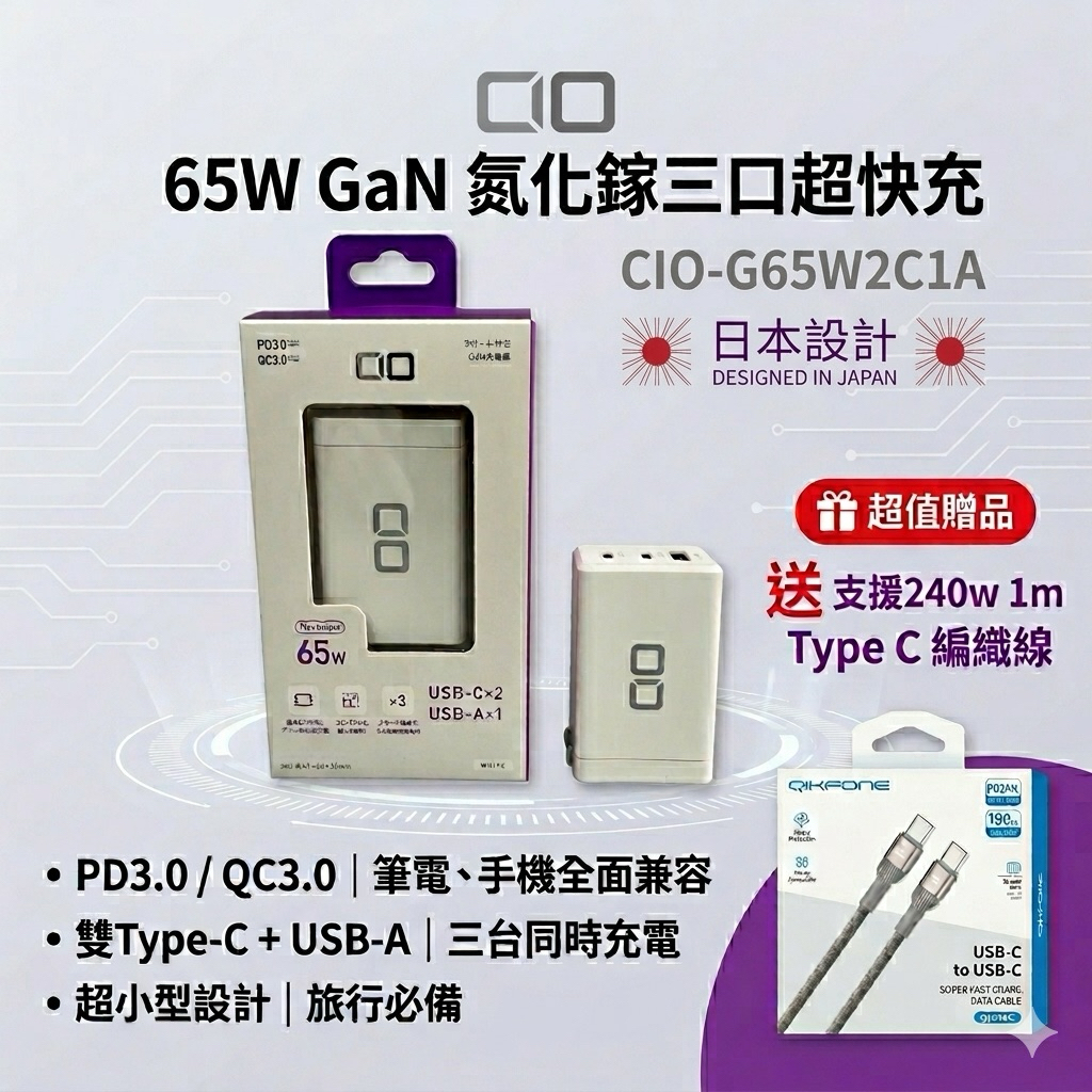 日本CIO 65W GaN 氮化鎵三孔充電頭CIO-G65W2C1A 送快充線筆電iPhone