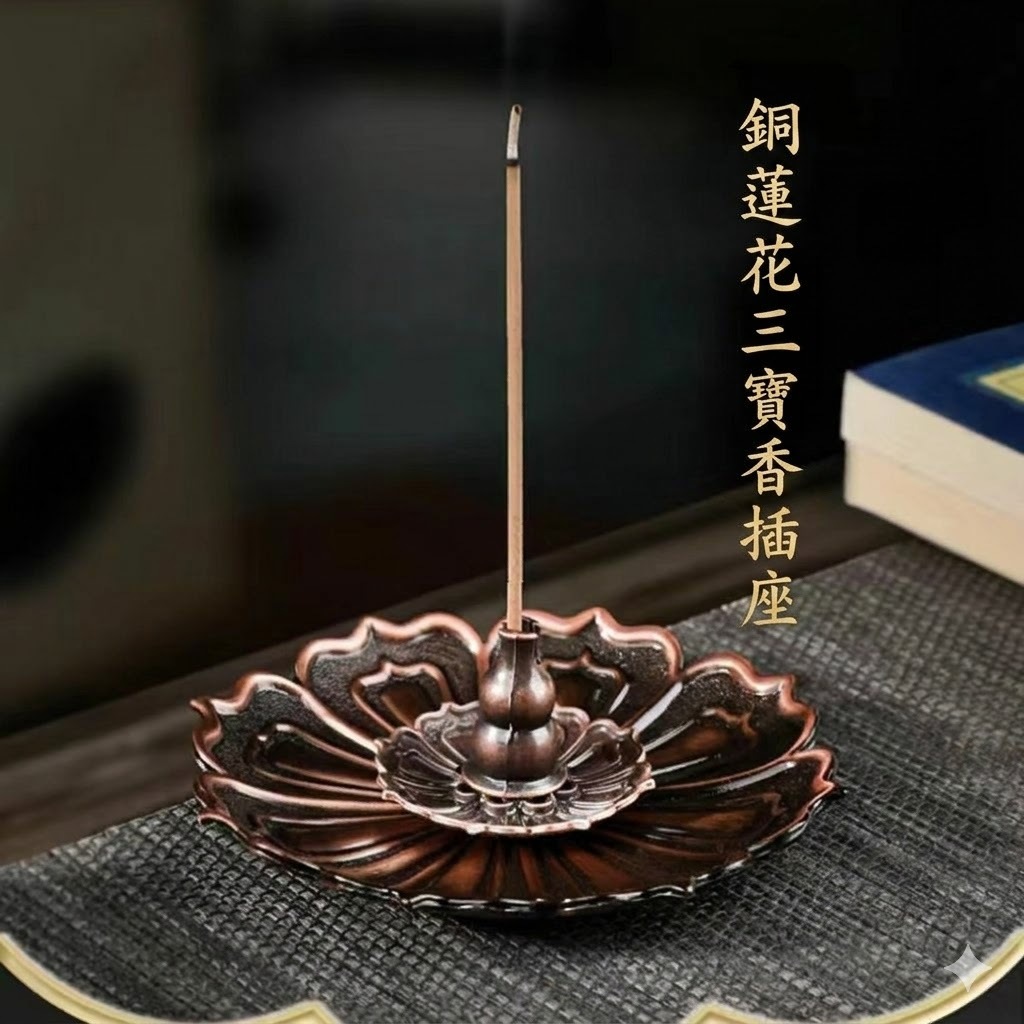 純銅莲花逆流香置品画境莲花禅意香託 沁心園財庫香祈福線香+ 銅蓮花香插座套組招財補財庫線香座香托香盤盤香
