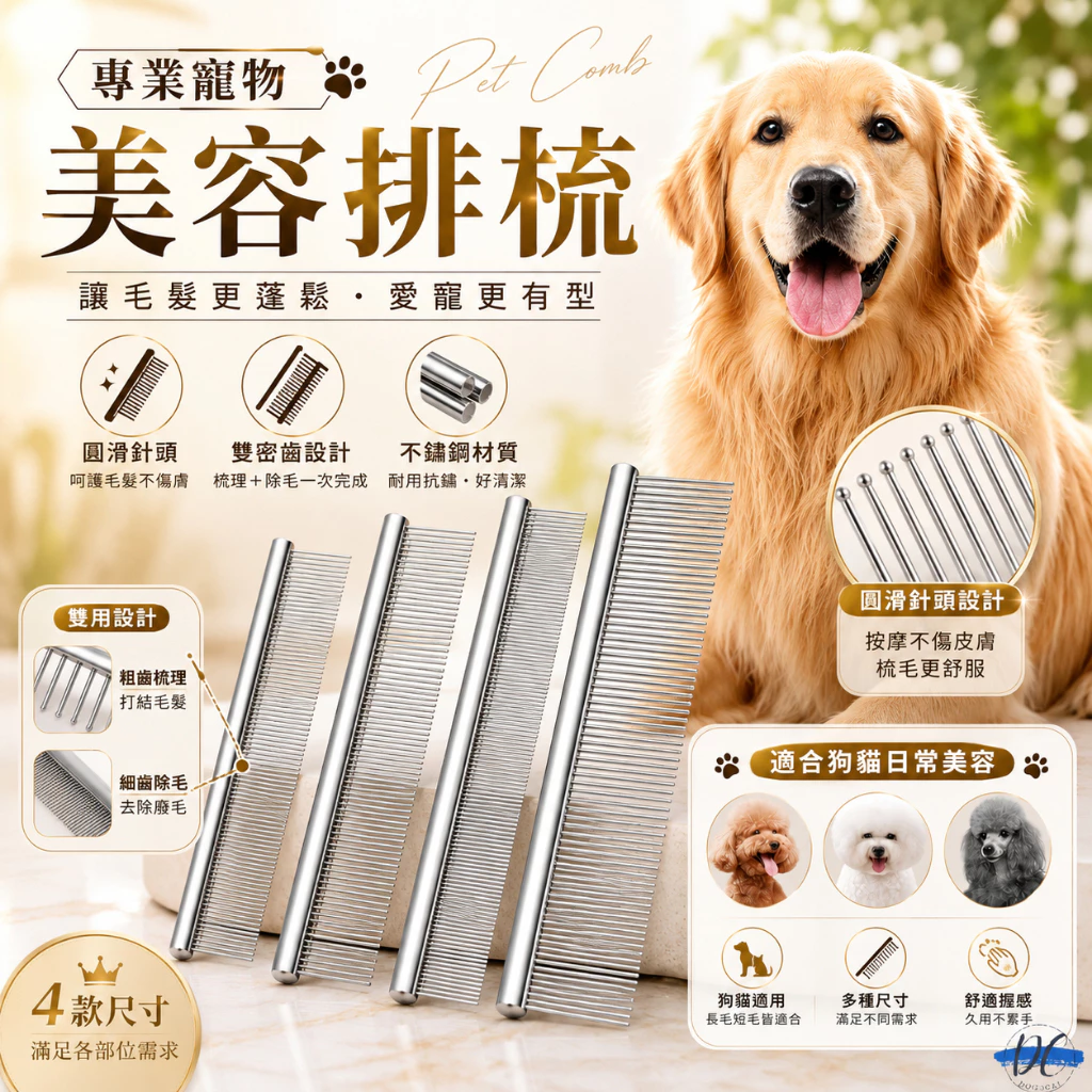 雙密度不鏽鋼寵物排梳，粗齒與細齒兩區，圓頭針齒設計