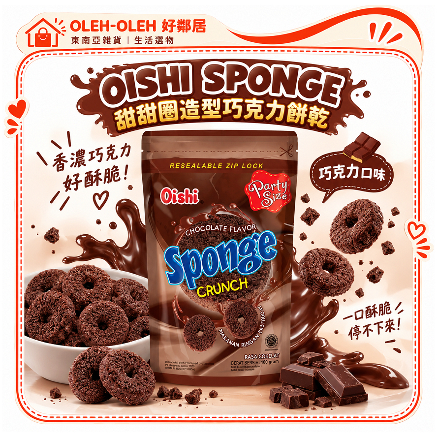 【OISHI】Sponge Crunch 巧克力甜甜圈餅乾 印尼零食 Cokelat 100g | 蝦皮購物