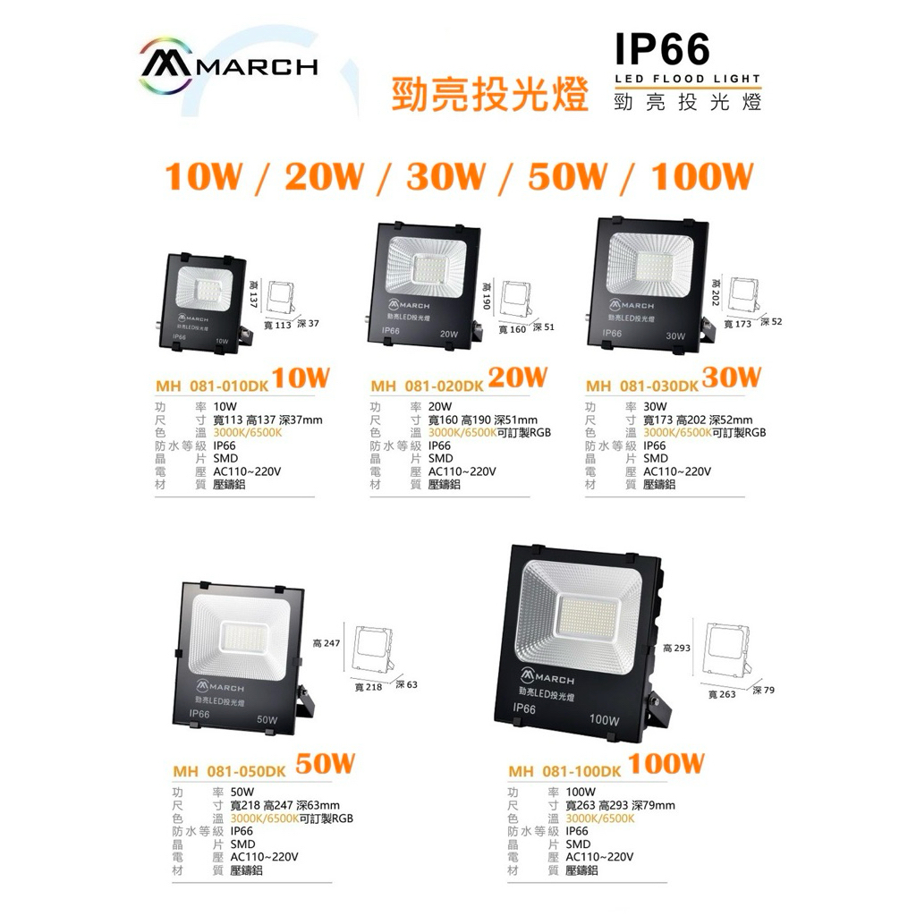 含稅 MARCH LED IP66 防水 勁亮 戶外投光燈 10W/20W/30W/50W/100W 黃光/白光 | 蝦皮購物