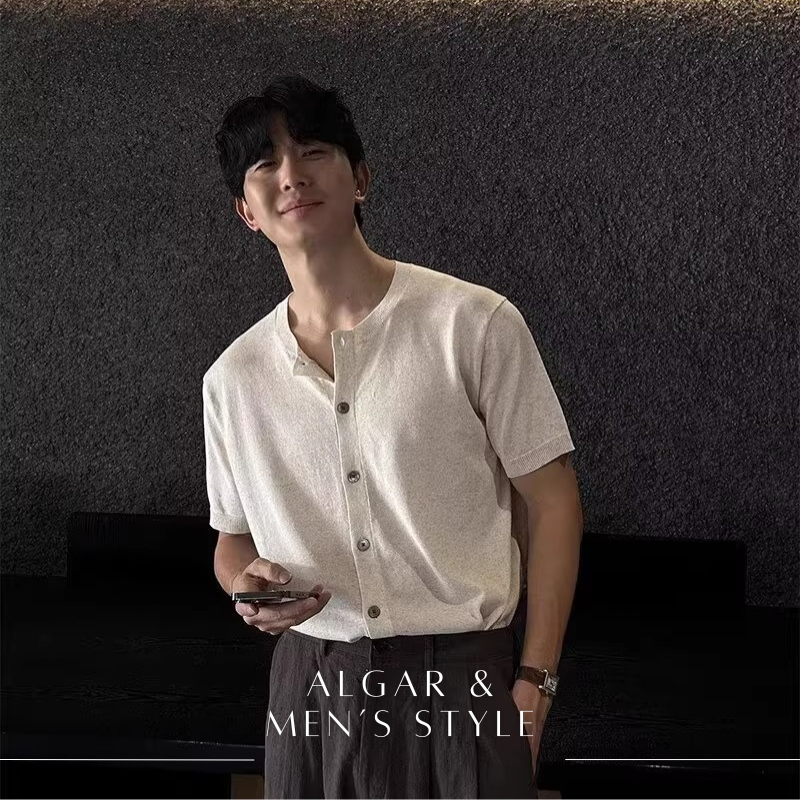 【Algar選品】韓系Ins亨利領針織透氣涼感短袖上衣 涼感素面 韓風 透氣 文青 簡約 正肩 合身 休閒 百搭 男上衣