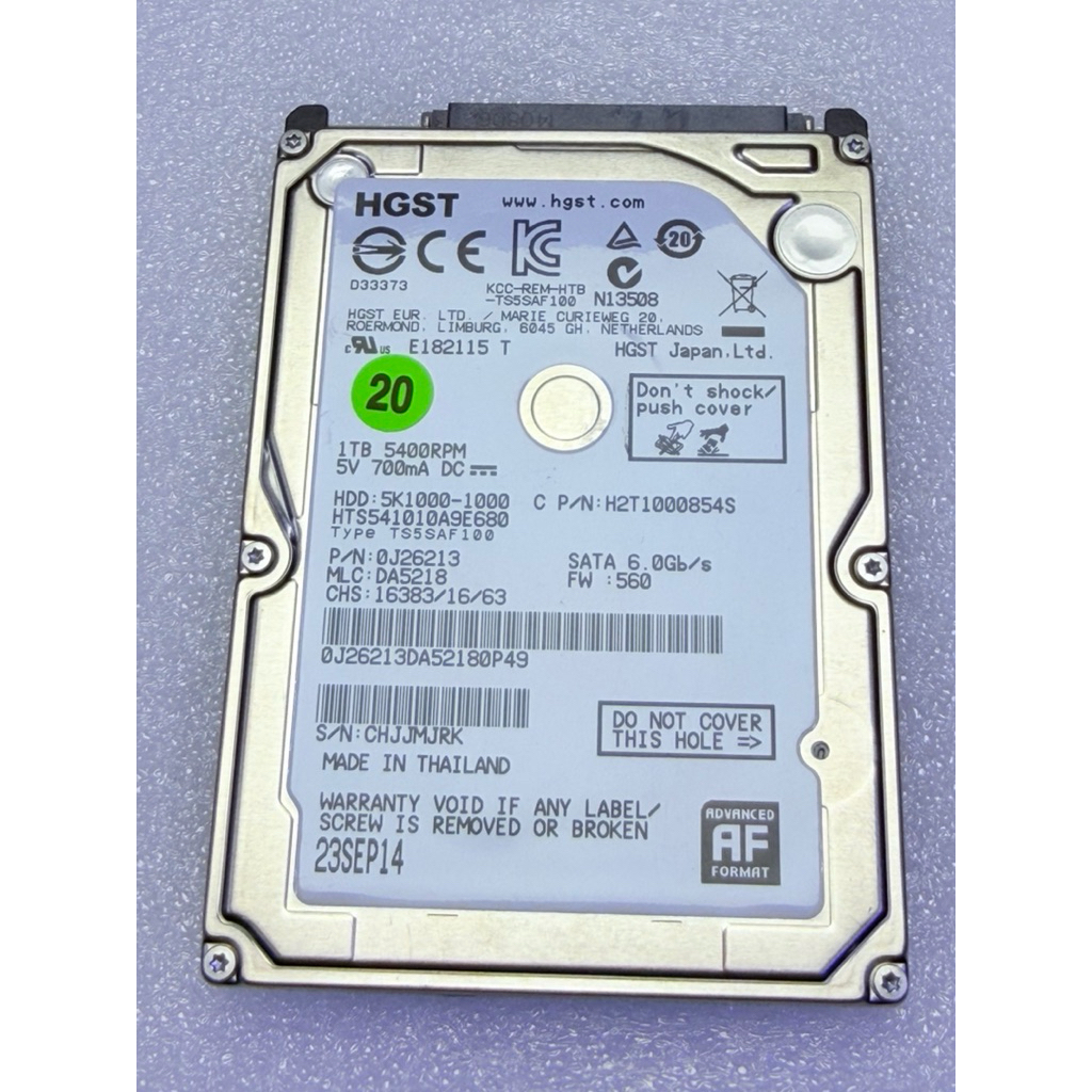 HGST 2.5吋1TB 9.5mm 筆電硬碟SATA 二手試良品HTS541010A9E680 含稅價