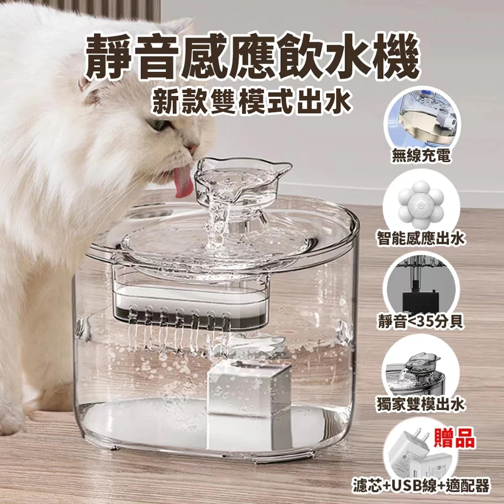 威杰爾透明循環過濾貓咪飲水機，2.2公升大容量，可看見水位