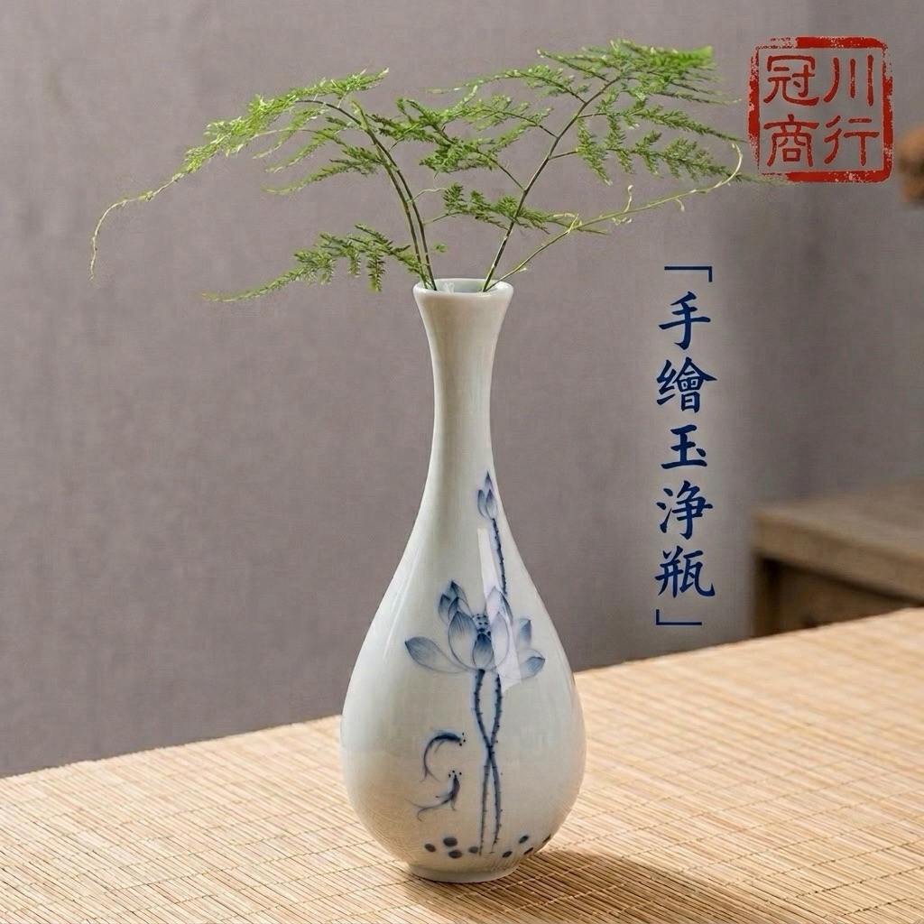冠川】台灣現貨手繪玉淨瓶小花瓶禪意擺飾書房裝飾電視櫃擺飾中式花瓶