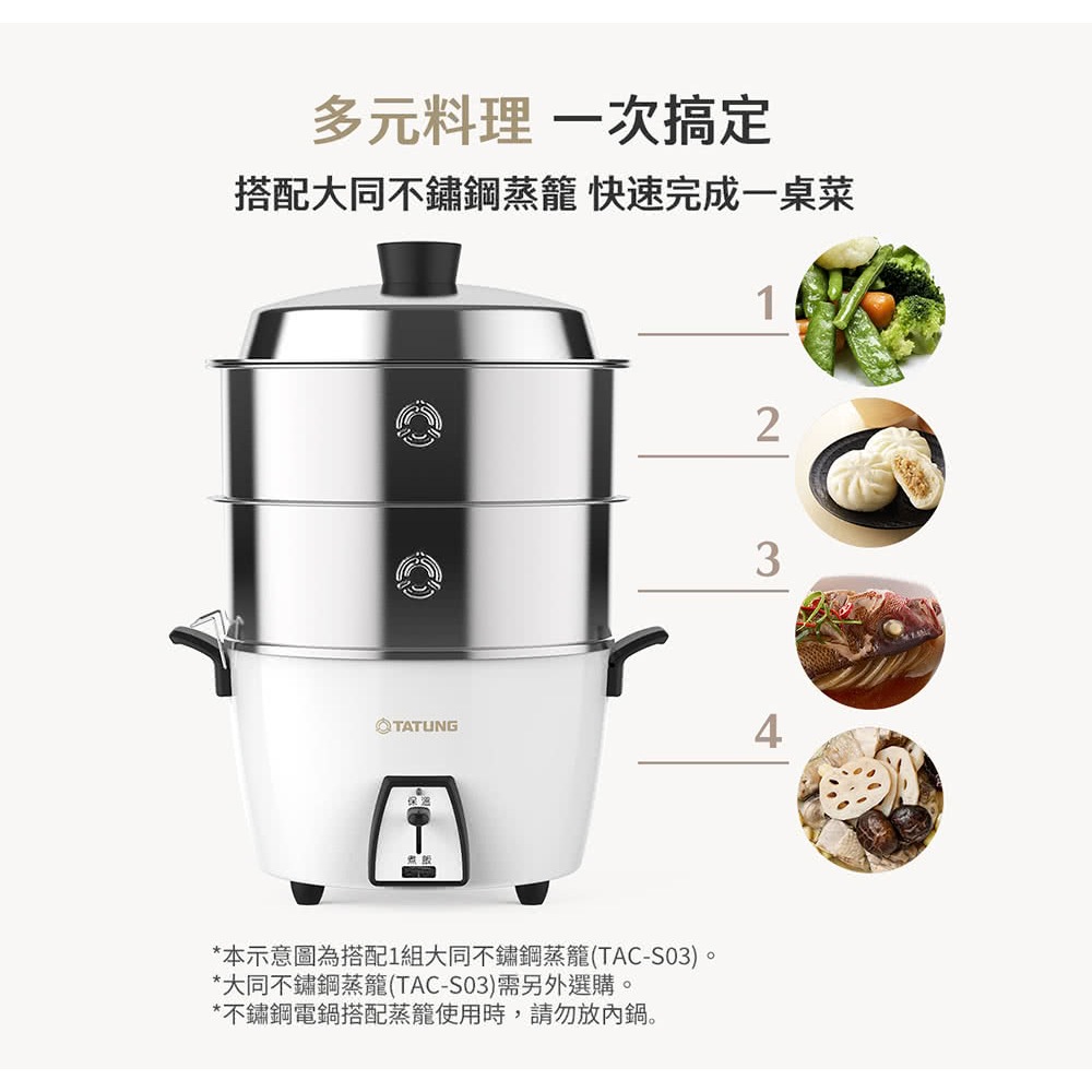 TATUNG 大同】大同6人份不鏽鋼電鍋-白(內鍋+蒸盤)TAC-06L-MCW(TAC-06L