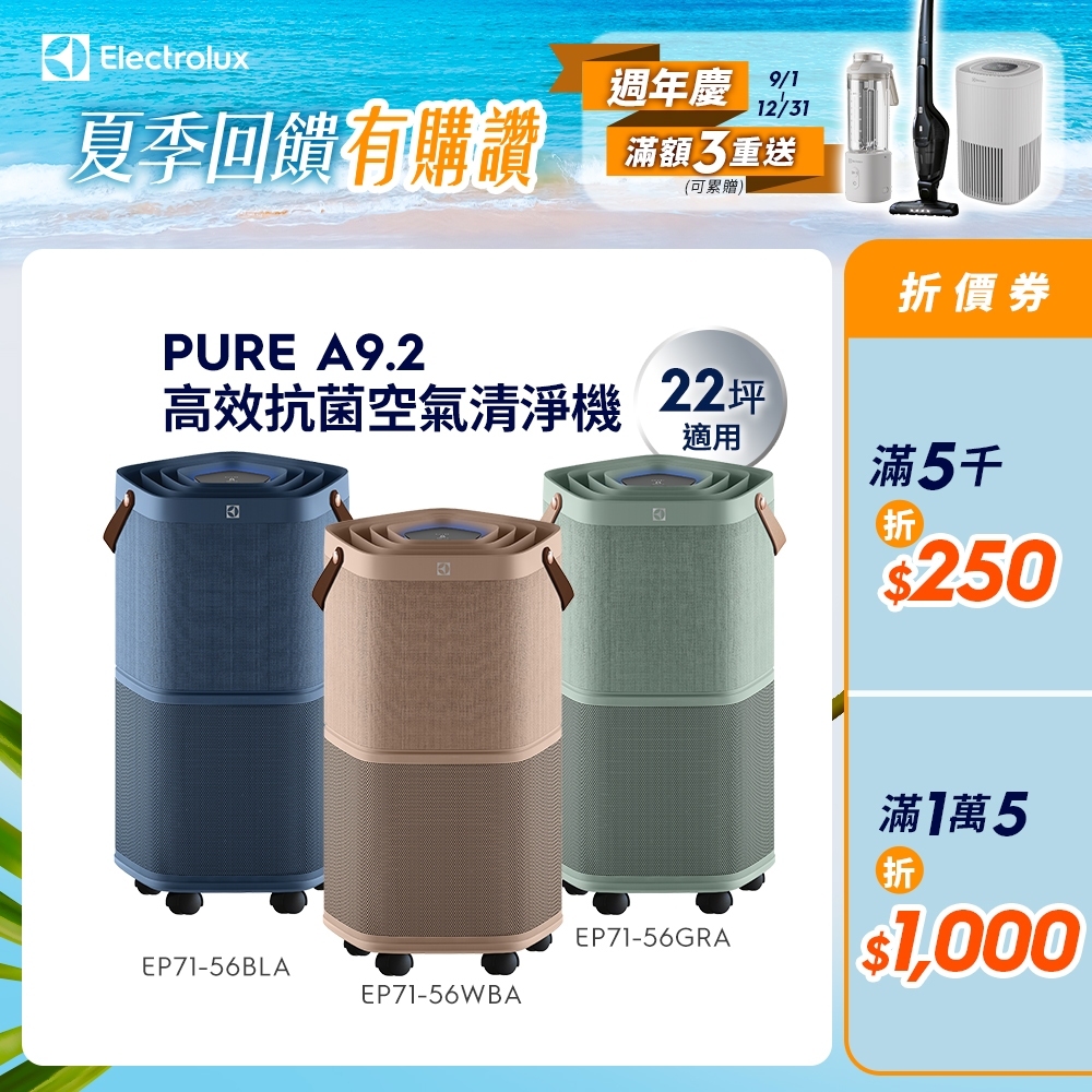 Electrolux伊萊克斯Pure A9.2高效能抗菌空氣清淨機(EP71-56WBA/BLA/GRA