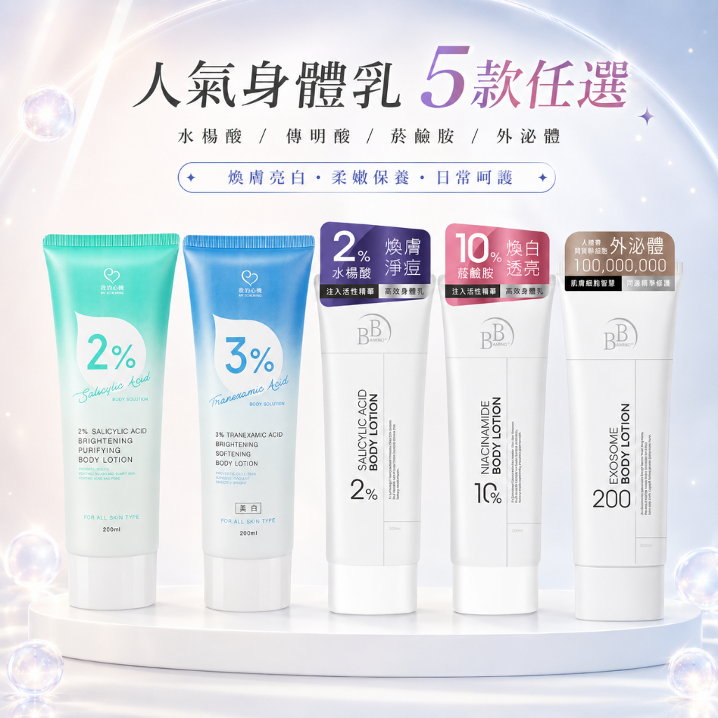 身體乳】 2%水楊酸補水淨白／3%傳明酸淨透嫩白／10%煙醯胺美白精華／外