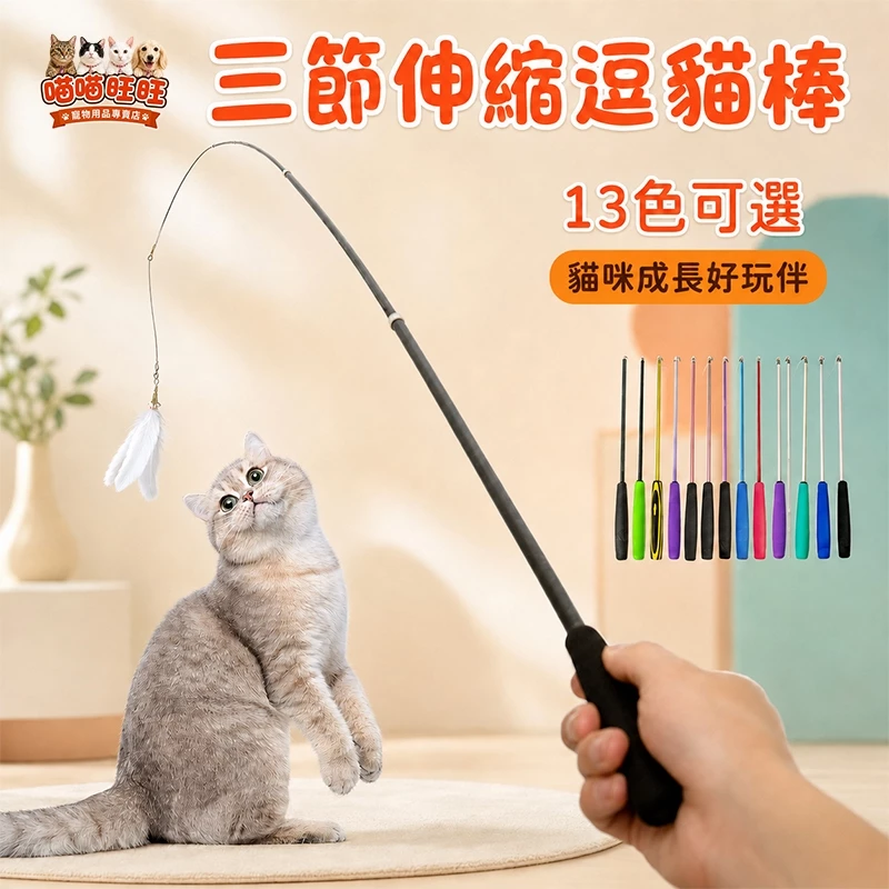 三節伸縮逗貓棒，前端附羽毛陪貓咪運動
