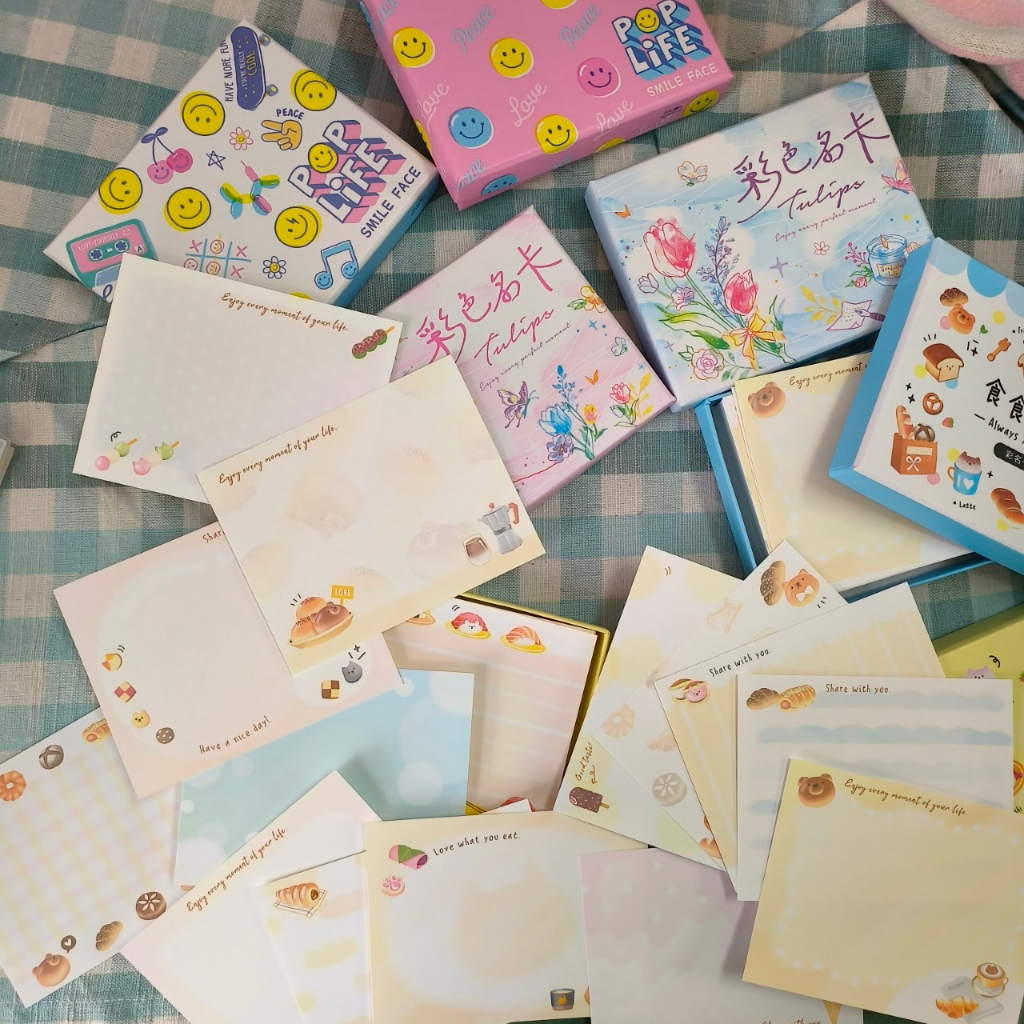 💗現貨💗名片卡 中 63入 盒裝 彩名卡 名片卡盒 手繪 設計 名片 水彩 麵包 笑臉 傳情小卡 便條 diy 便條紙 | 蝦皮購物