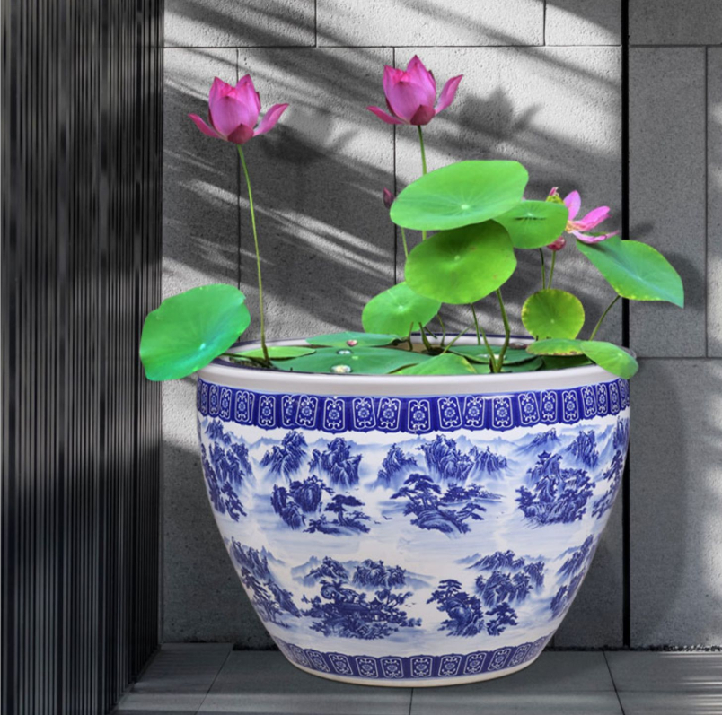 免運到府陶瓷魚缸蓮花釭金魚荷花釭水養釭青花缸陶瓷魚缸戶外1米特大水