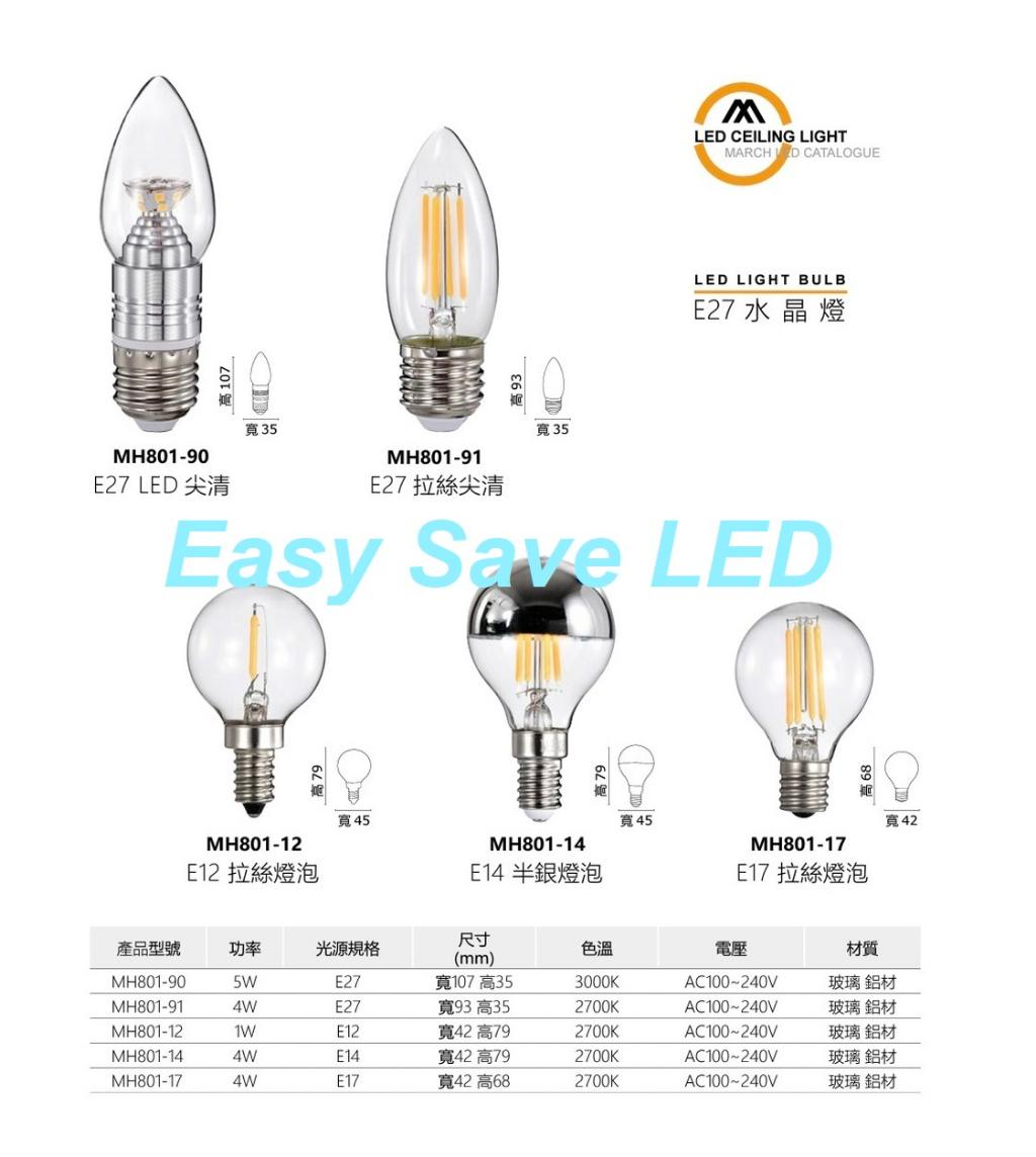 含稅 MARCH LED E12/E14/E27 燈泡 1W/4W/5W/6W/8W 燈絲燈/水晶燈/蠟燭燈/美術燈 | 蝦皮購物