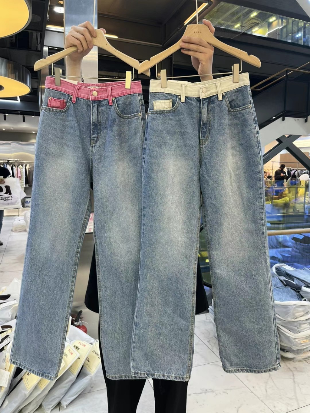 imiu.korea♡【+關注現折】領卷再折｜韓國東大門 plum金髮歐膩家連線新品 彩色腰設計牛仔褲 粉色 白色 | 蝦皮購物