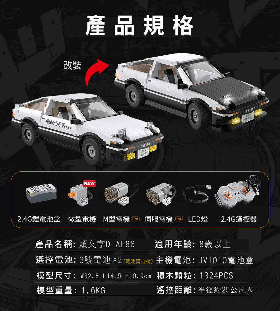 LM 頭文字D模型AE86遙控車積木藤原拓海秋名山25周年紀念CADA 雙鷹