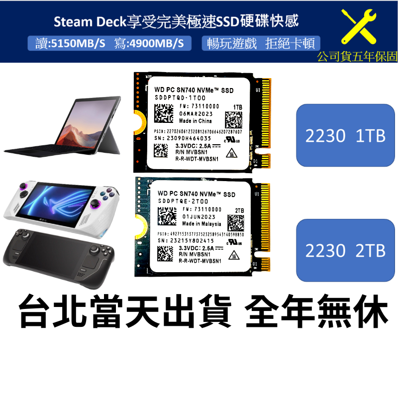 台灣全新現貨五年保固Steam Deck Ally高速SSD【1TB / 2TB】WD SN740