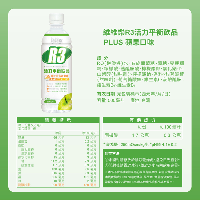 維維樂】R3活力平衡飲PLUS 500ml/瓶(蘋果口味) 低滲透壓電解質電解水【官方直營】 | 蝦皮購物