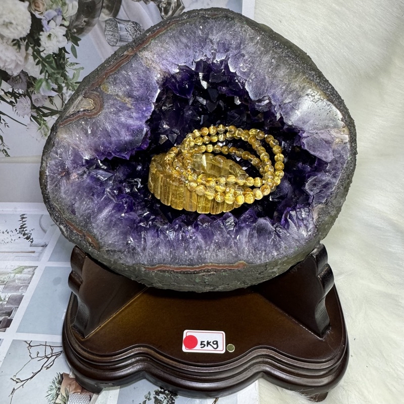 頂級烏拉圭紫水晶洞紫晶洞ESPa+✨5kg❤️紅紋瑪瑙邊口寬有洞深藏