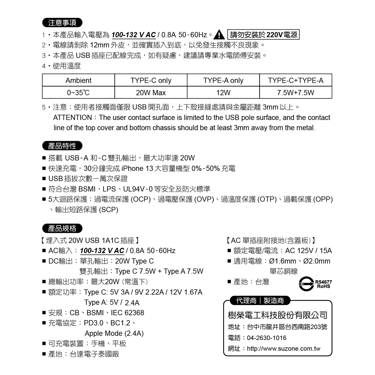 (含稅)【樹榮電工SUZONE】20W USB A+C PD充電插座/Delta台達電子 Type C快充插座/卡樂蓋板 | 蝦皮購物