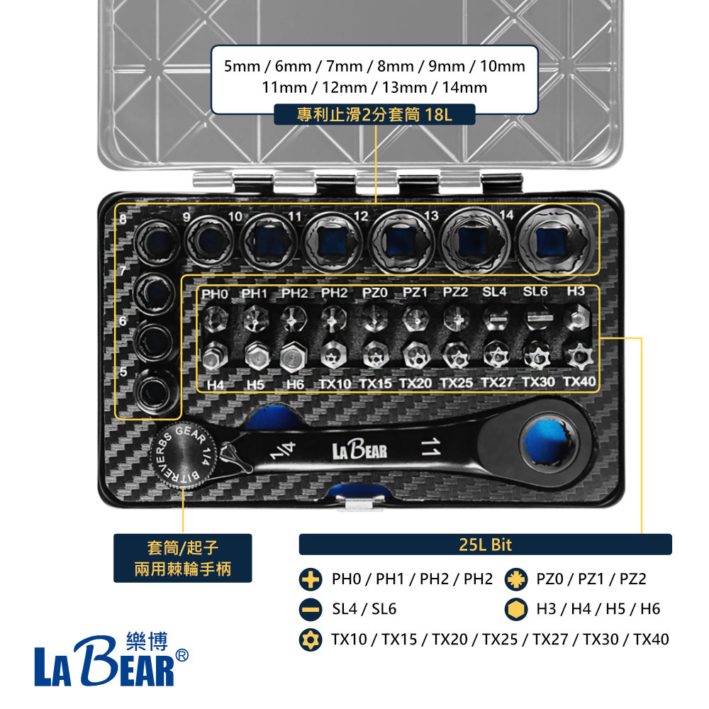 【LaBear】黑鐵盒收納 2分 迷你兩用棘輪手柄 穿透套筒/起子組 超短穿透式套筒 止滑套筒 雙向 棘輪扳手 台灣製 | 蝦皮購物
