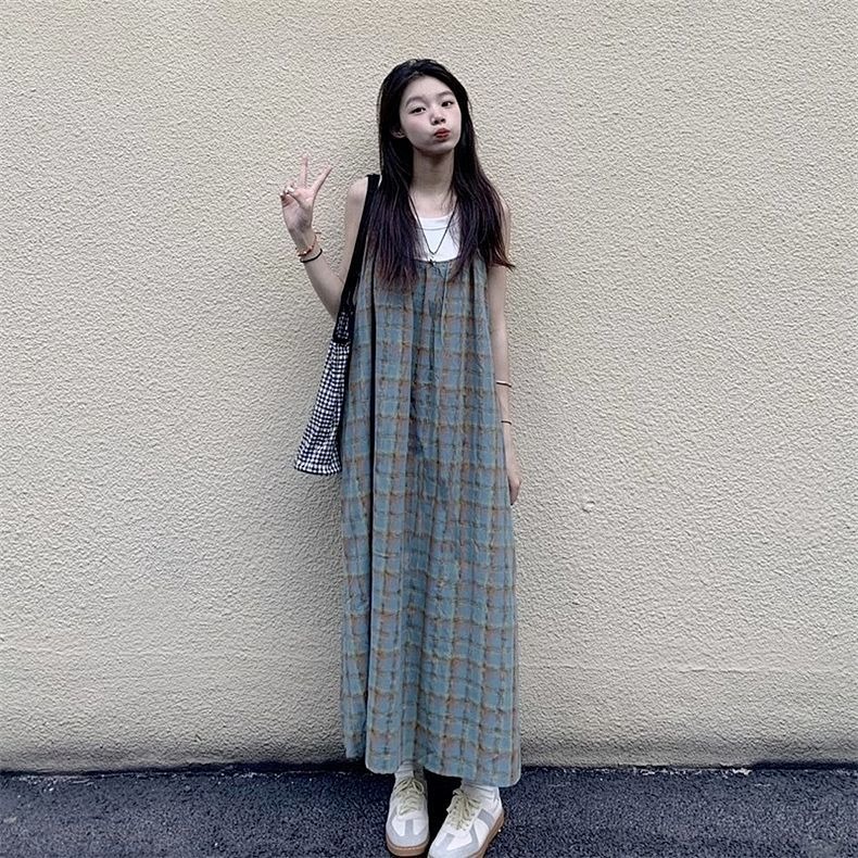 【日系疊穿 】疊穿 日系穿搭 疊穿連身裙 复古格子吊带连衣裙女 F8TA | 蝦皮購物