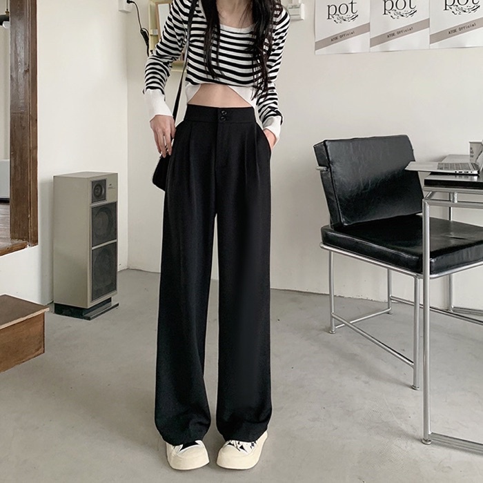 Meet 現貨.B102 S-XL 2.0高腰薄款雙扣後鬆緊女西裝褲 闊腿褲子 西裝長褲 西裝褲 工裝褲 寬褲 | 蝦皮購物