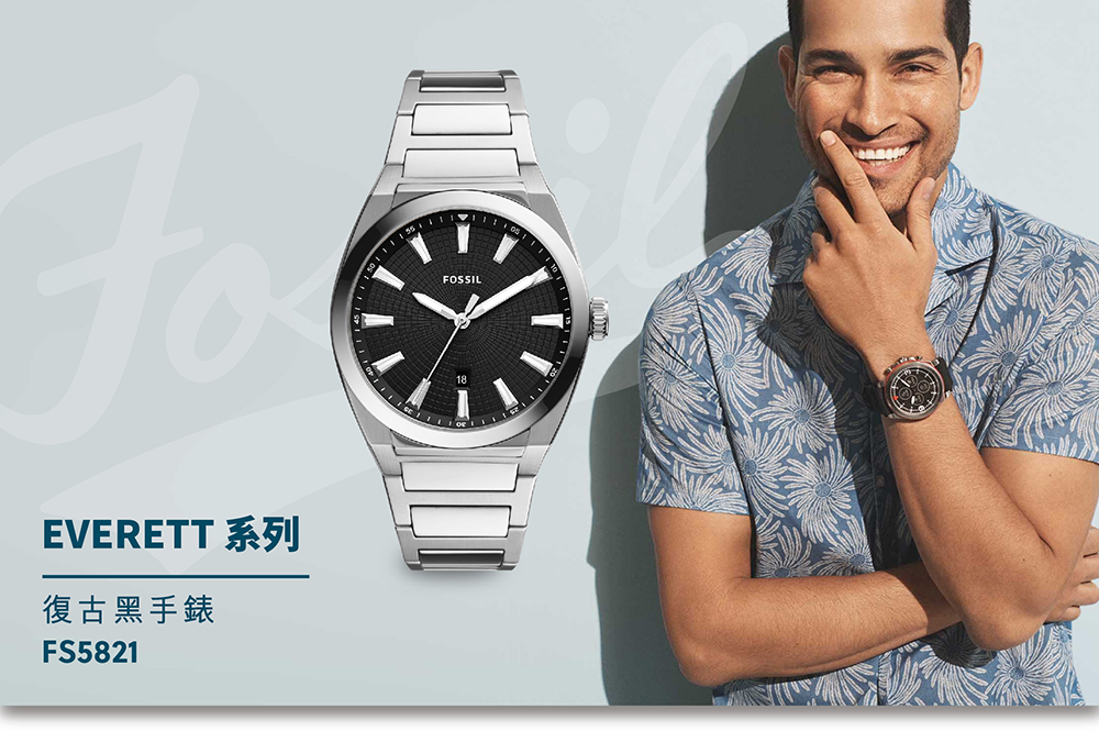 【FOSSIL 官方旗艦館】Everett 復古黑手錶 銀色不鏽鋼鍊帶 42MM FS5821 | 蝦皮購物