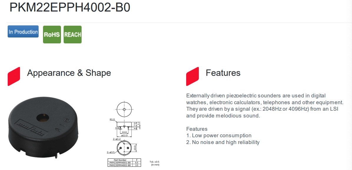Murata 村田 PKM22EPP-40 壓電蜂鳴器 無源式 22mm 音頻指示器 適用 ESP32/Arduino | 蝦皮購物
