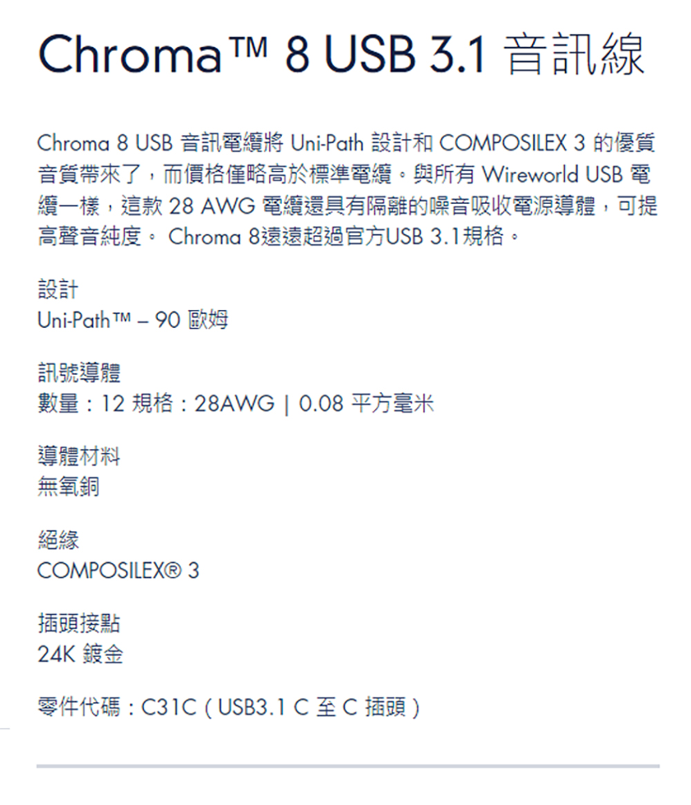 WIREWORLD 美國 Chroma 8 USB 3.1 音訊線 0.6M - 1.0M 台灣公司貨 C to C | 蝦皮購物