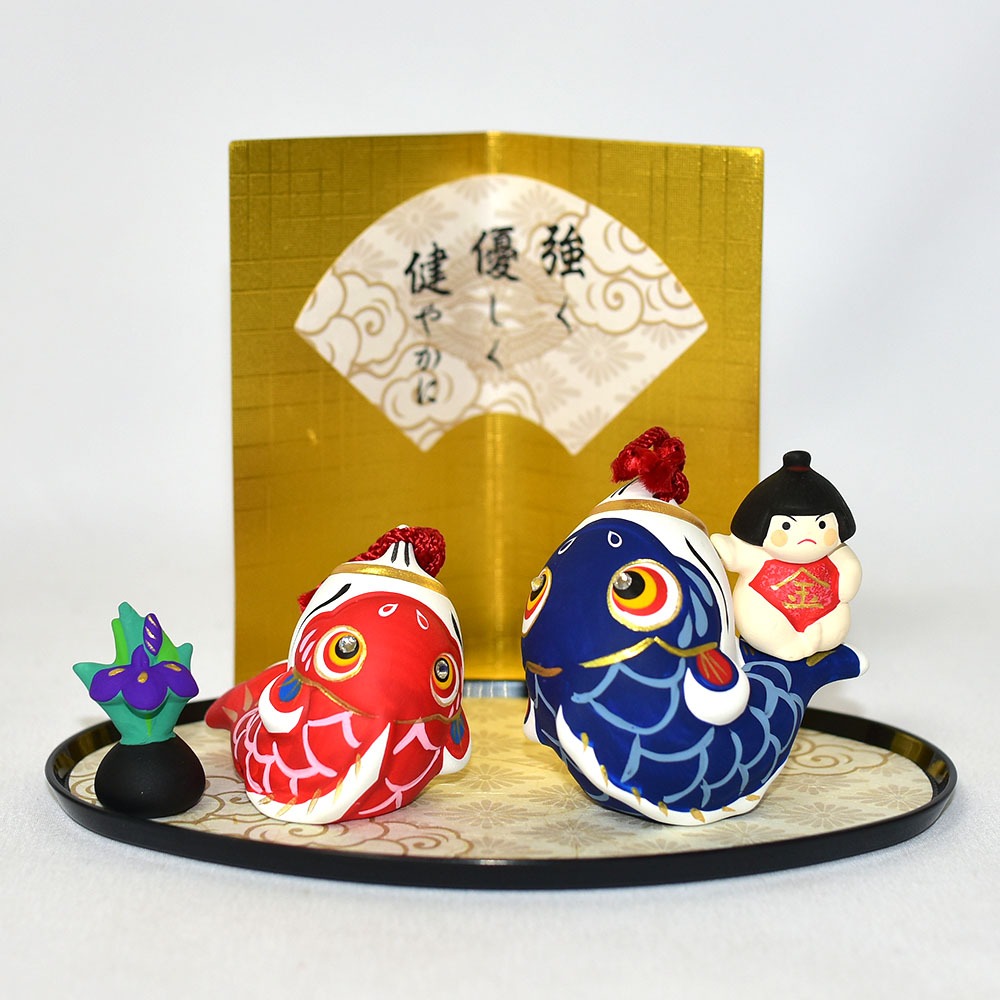健康 善良 強壯 雙鯉魚與金太郎 土鈴 吉祥裝飾 陶製 日本正版 rk174