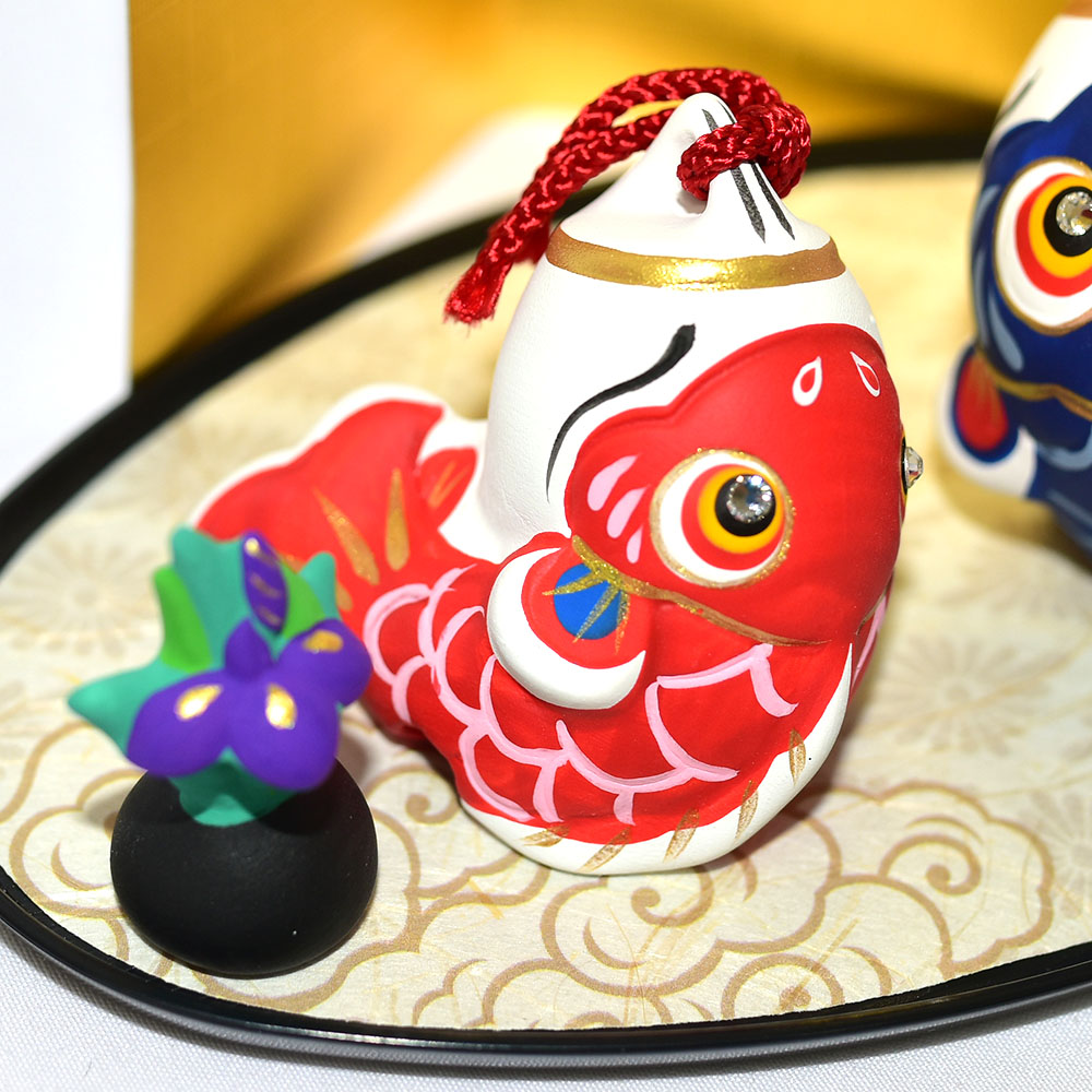 健康 善良 強壯 雙鯉魚與金太郎 土鈴 吉祥裝飾 陶製 日本正版 rk174