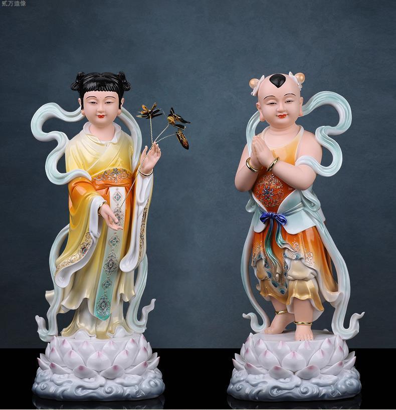 銅器 善財 童子 龍女 仏像一対 工芸品 美術品 置物 善源善財童子龍女佛像銅像彩繪泥金觀音菩薩左右隨從童子童女擺件