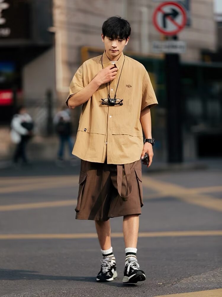 男裝日系胸前口袋尼龍短袖襯衫
