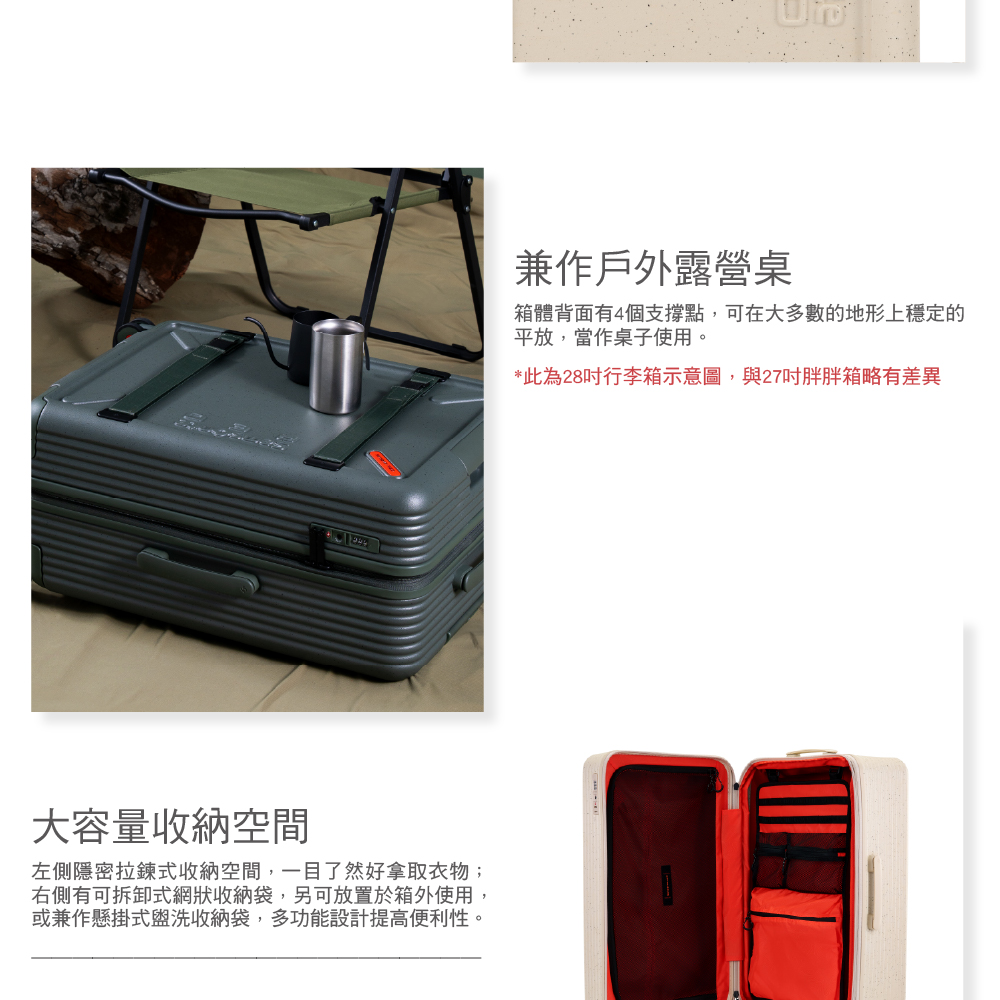 大容量收納空間左側隱密拉鍊式收納空間,一目了然好拿取衣物;右側有可拆卸式網狀收納袋,另可放置於箱外使用,或兼作懸掛式盥洗收納袋,多功能設計提高便利性。兼作戶外露營桌箱體背面有4個支撐點,可在大多數的地形上穩定的平放,當作桌子使用。*此為28行李箱示意圖,與27胖胖箱略有差異