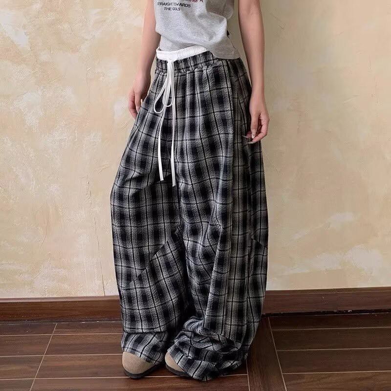 【PAGANS STORE】韓國 復古 春夏 雙褲頭 格紋 抽繩 闊腿 彎刀褲 長褲 (1 color) | 蝦皮購物