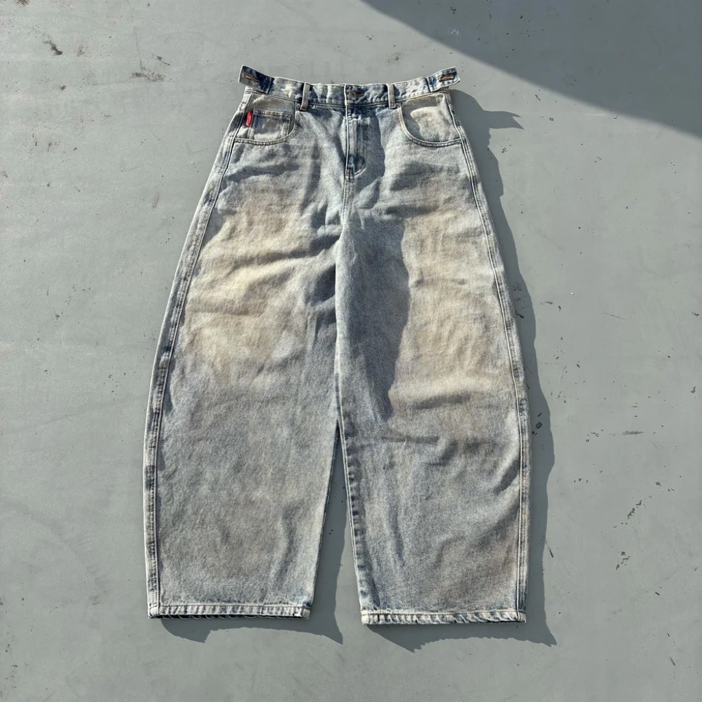 9090 King Logo Slub Denim Buggy Pants | 蝦皮購物