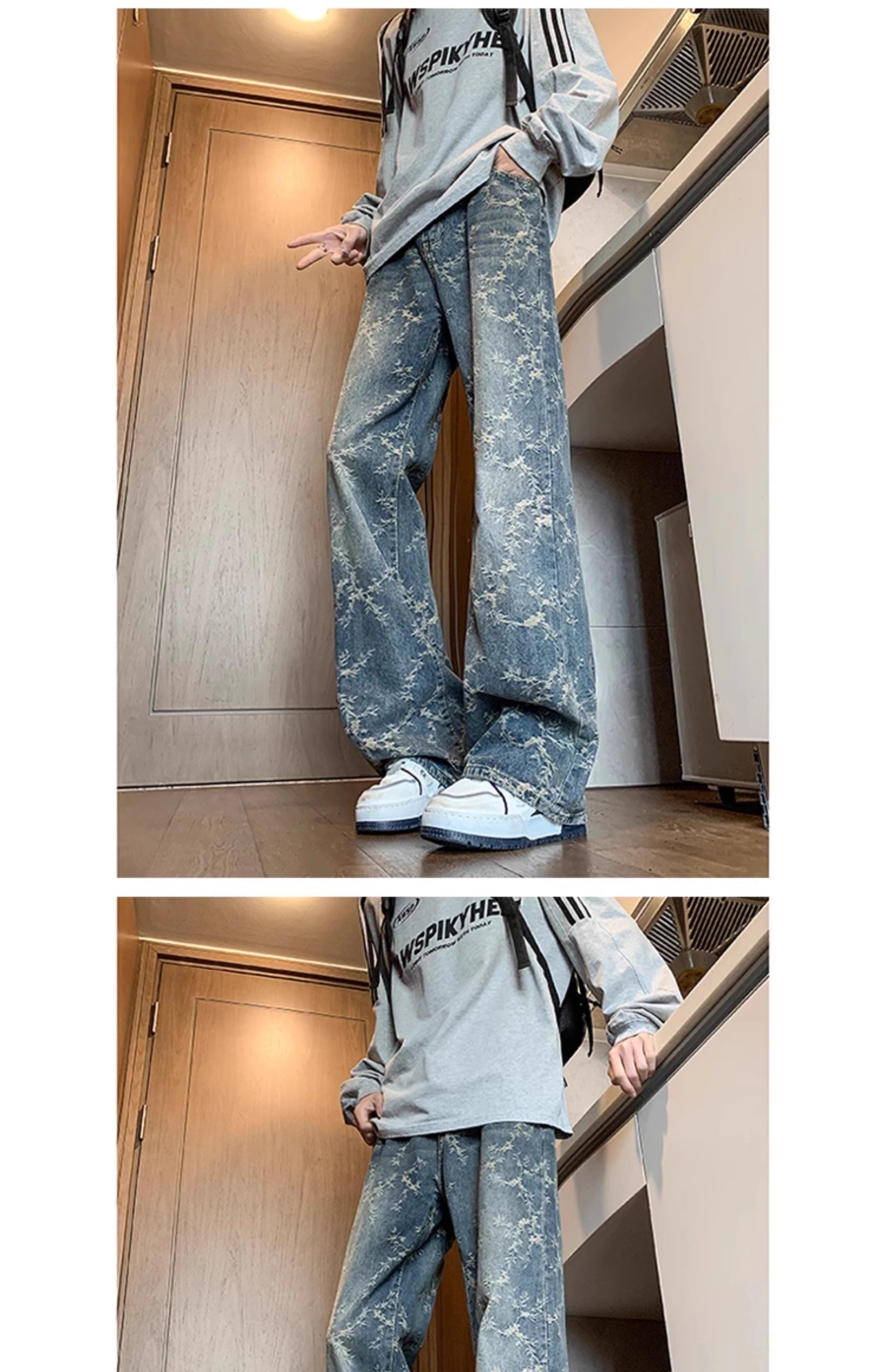 PANDA ADEVIL 熊貓小惡魔 美式高街 提花牛仔褲男 春季款 潮牌水洗 高級感 寬松複古 痞帥休閑褲子 | 蝦皮購物