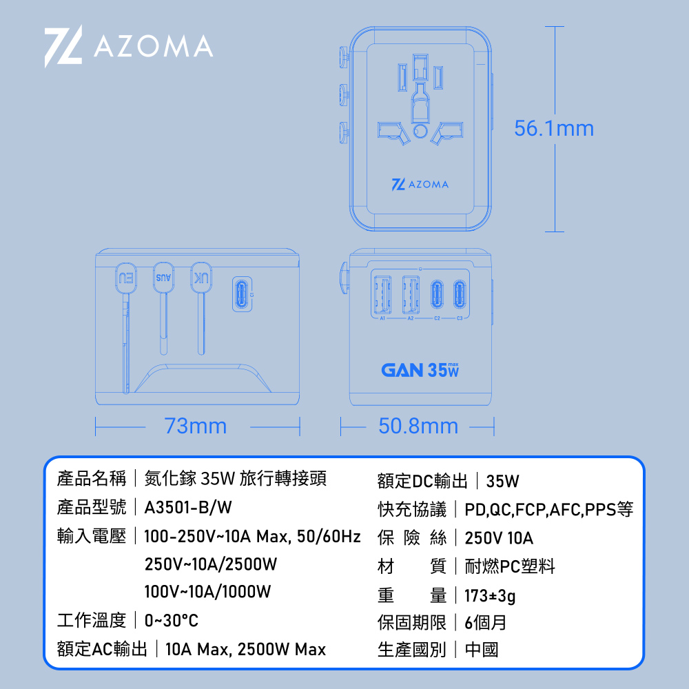 【免運隔日到】AZOMA A3501 氮化鎵 35W 旅行轉接頭 2A3C 萬國電壓 快充 安全防護 出國 旅充 萬國充 | 蝦皮購物