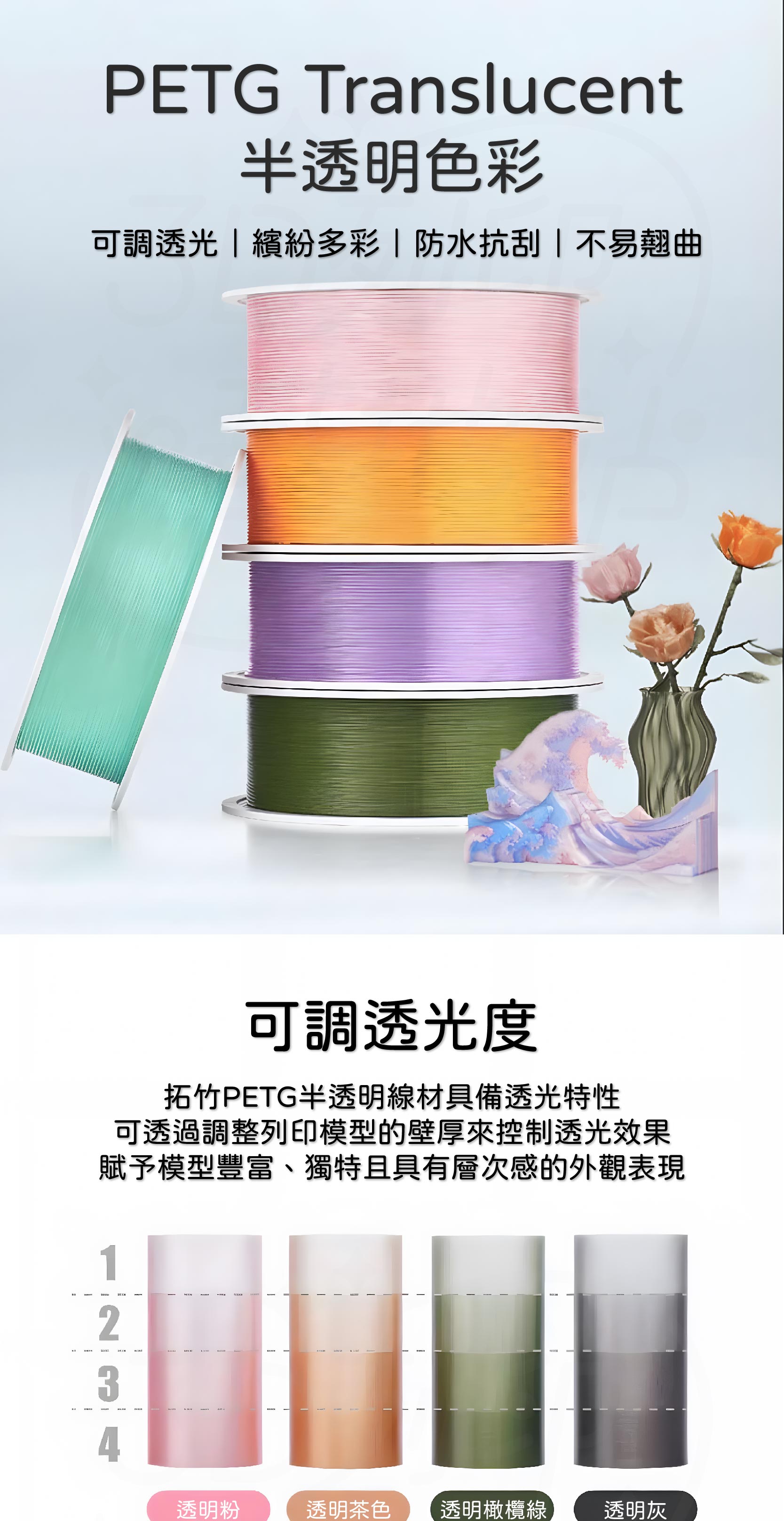 【3D列印基地】Bambu PETG Translucent 半透明 透光 防水 抗曬 拓竹 3D列印線材 | 蝦皮購物