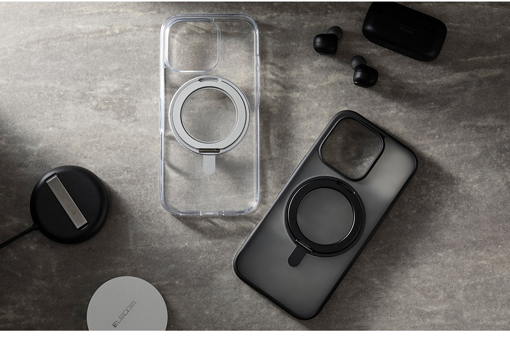 (出清商品)【日本ELECOM】iPhone 16 Pro MAGKEEP 360°旋轉手機支架殼 透黑/透 手持 立架 | 蝦皮購物