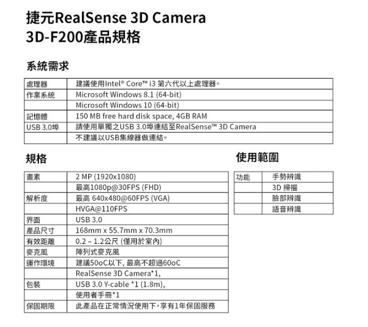 捷元 RealSense 3D Camera(3D-F200) | 蝦皮購物