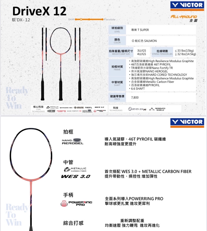 鄭思維！科技滿載！《典將體育》Victor 勝利 DriveX 12 DX12 羽球拍 DX12ZSW DX12WT25 | 蝦皮購物