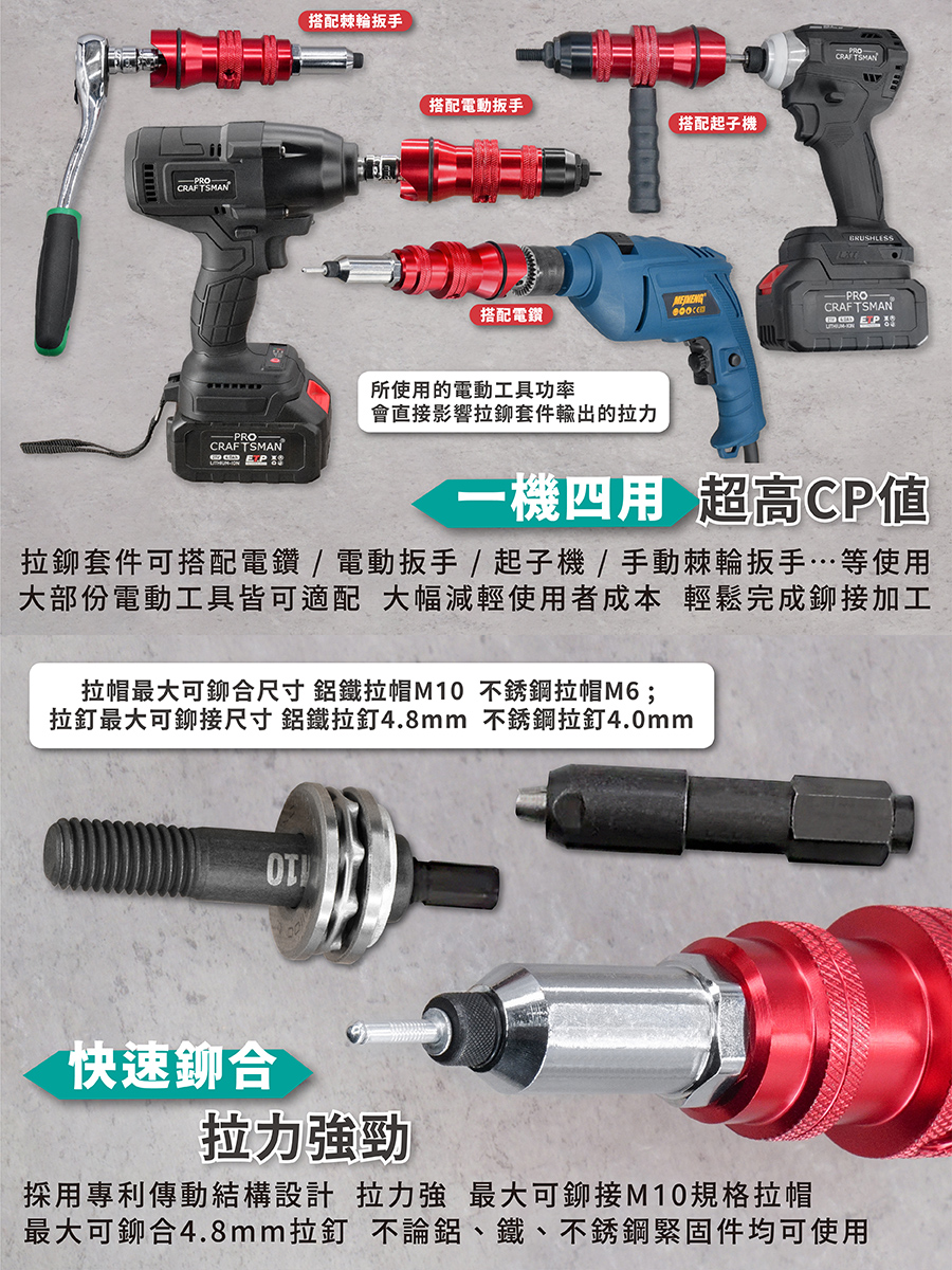 鋁合金-四用電鑽拉鉚套件 電鑽拉釘器 不銹鋼拉釘槍 液壓拉帽槍 抽芯鉚釘槍 螺母槍 手動拉釘器 電動拉帽槍 鉚接槍 鉚合 | 蝦皮購物