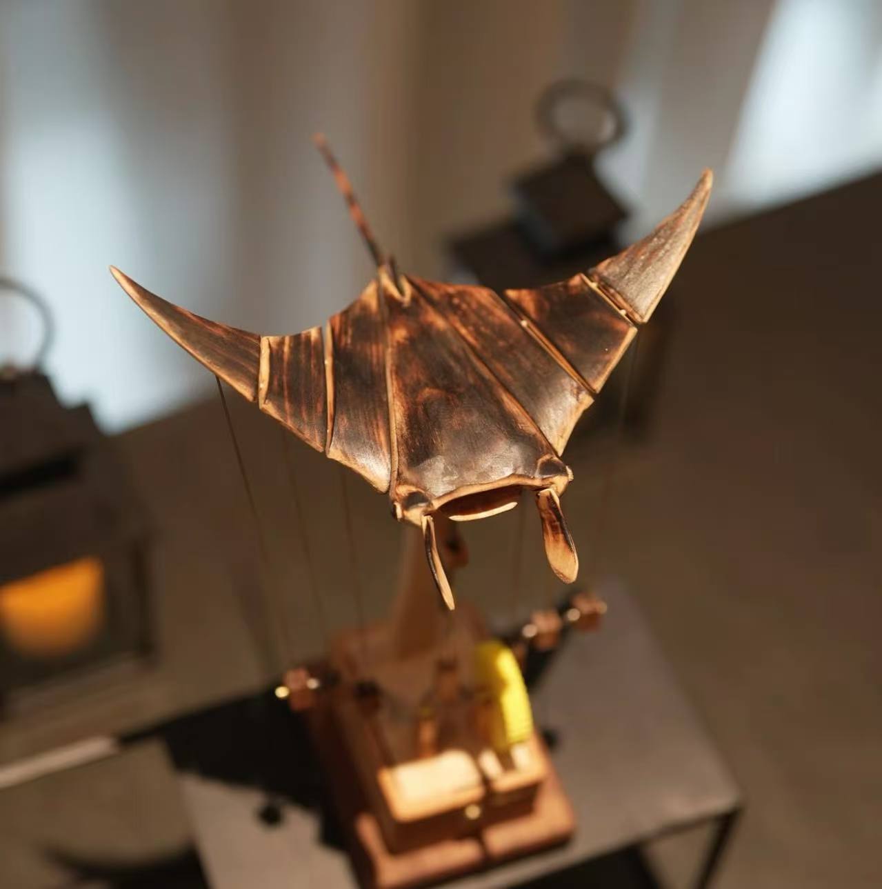 手工定制🪵展翅魔鬼魚機械擺件榉木+黑胡桃木齒輪組木製工藝收藏品手工