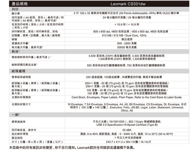 LEXMARK CS331DW CS331 彩色雷射印表機 雙面列印 列印 wifi | 蝦皮購物