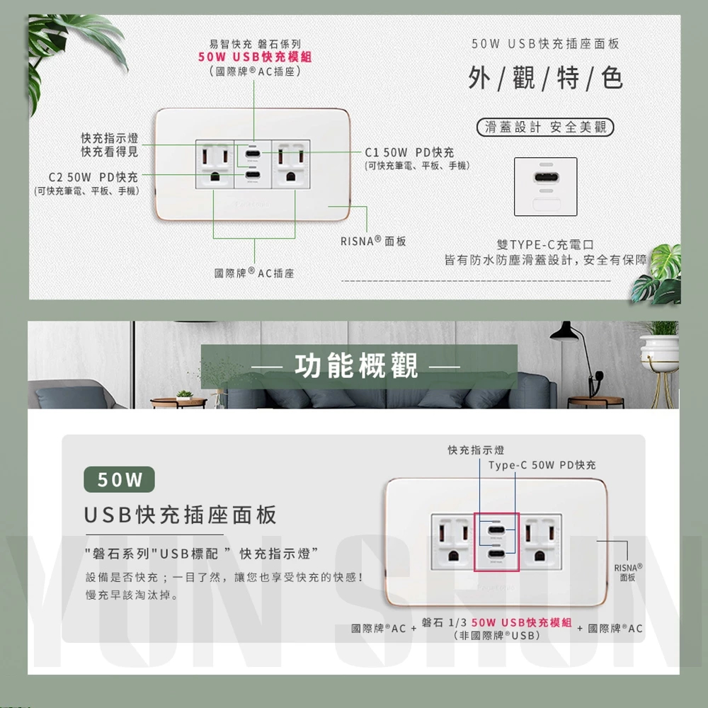 易智快充 磐石系列-國際牌Panasonic Risn系列 50W AC快充插座+USB(C+C)+AC插座 | 蝦皮購物