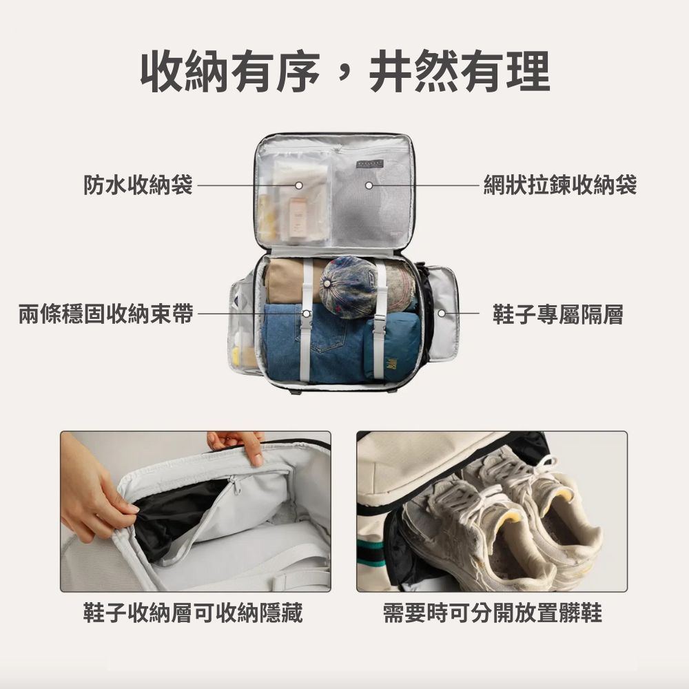 收納有序,井然有理防水收納袋-網狀拉鍊收納袋兩條穩固收納鞋子專屬隔層鞋子收納層可收納隱藏需要時可分開放置髒鞋