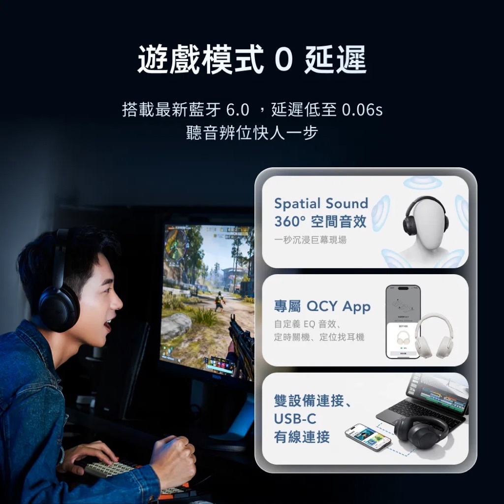 QCY H3 S 降噪藍牙耳罩式耳機｜56dB深度降噪・Hi-Res音質 耳罩 藍牙耳機 | 蝦皮購物