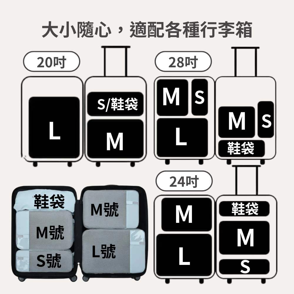 官方授權【美國Bagsmart】旅行壓縮袋6件組鞋袋+S+S+M+M+L 壓縮袋旅行收納袋立方體可擴展分隔設計| 蝦皮購物