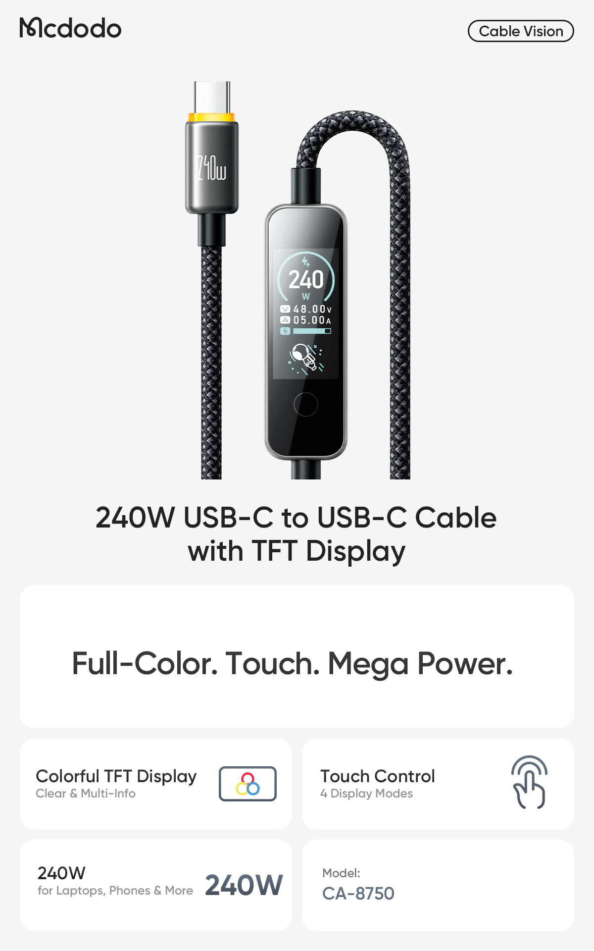 【Mcdodo麥多多】CabVision TFT觸控數顯 電壓電流功率 充電傳輸線 240W TypeC i15-i17 | 蝦皮購物