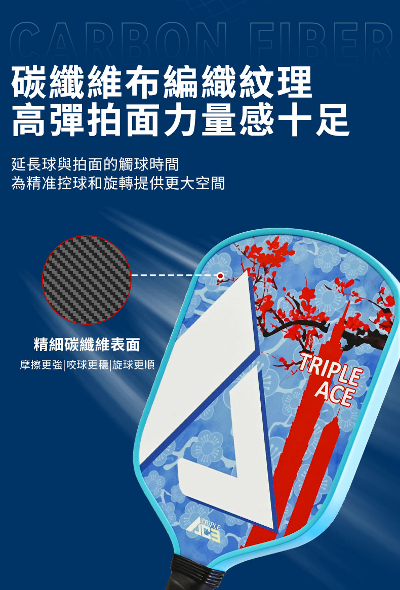 CARBON 碳纖維布編織紋理高彈拍面力量感十足延長球與拍面的觸球時間為精准控球和旋轉提供更大空間精細碳纖維表面摩擦更強|咬球更穩|旋球更順TRIPLEACETRIPLE